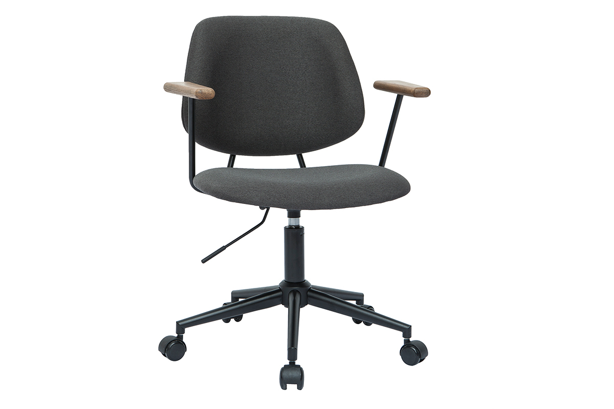 Chaise de bureau  roulettes en tissu gris anthracite, chne massif et mtal noir BARNET