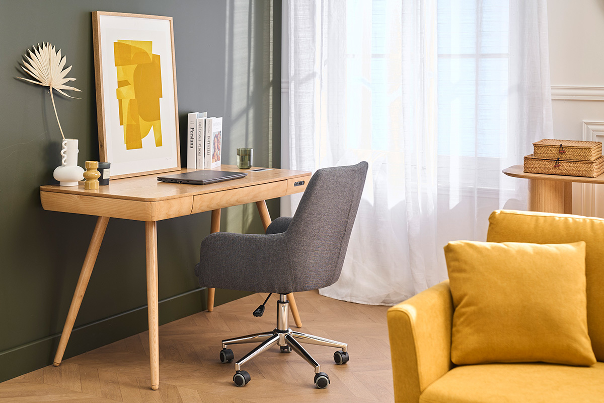 Chaise de bureau � roulettes en tissu gris anthracite et acier chrom� SHANA