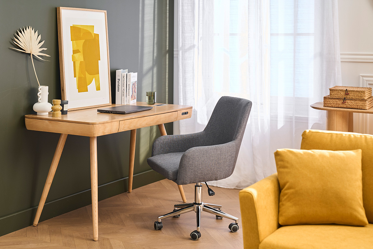 Chaise de bureau � roulettes en tissu gris anthracite et acier chrom� SHANA