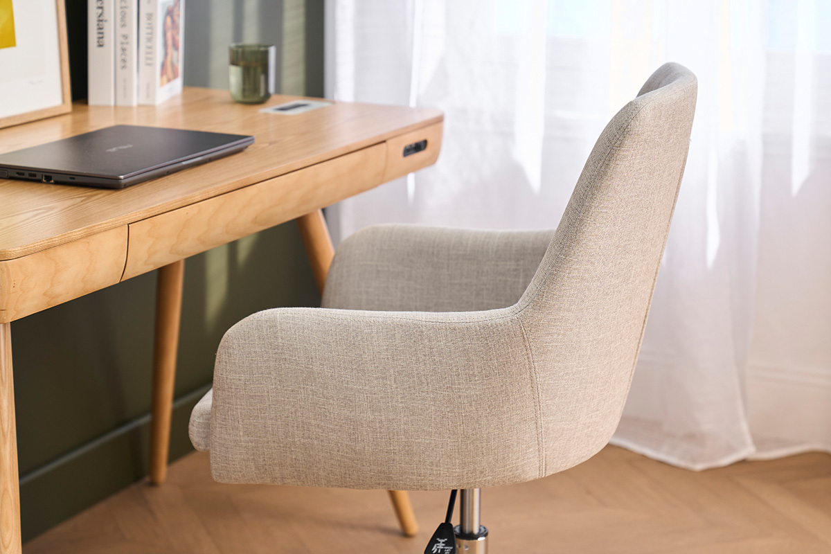 Chaise de bureau � roulettes en tissu gris clair et acier chrom� SHANA