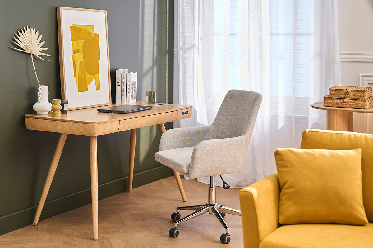 Chaise de bureau � roulettes en tissu gris clair et acier chrom� SHANA