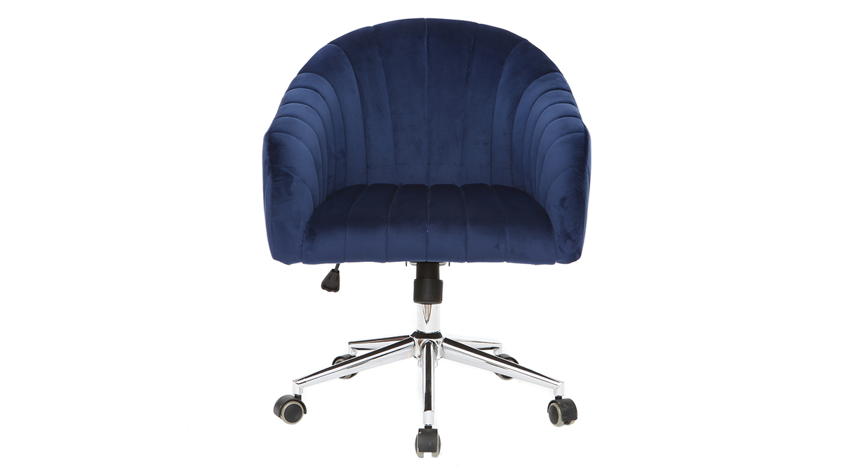 Chaise de bureau  roulettes en tissu velours bleu fonc et acier chrom ROMI