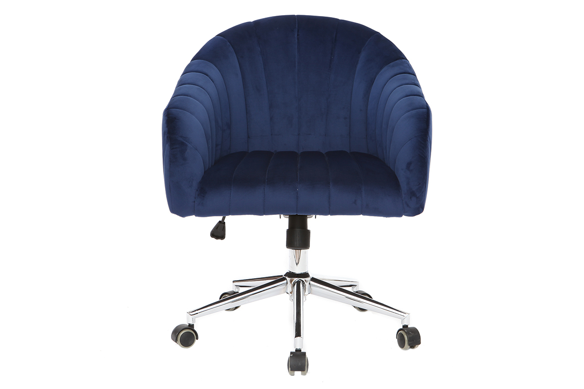 Chaise de bureau  roulettes en tissu velours bleu fonc et acier chrom ROMI