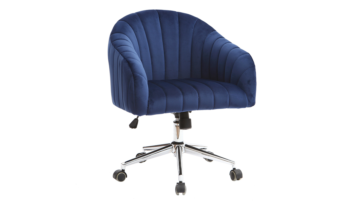 Chaise de bureau  roulettes en tissu velours bleu fonc et acier chrom ROMI