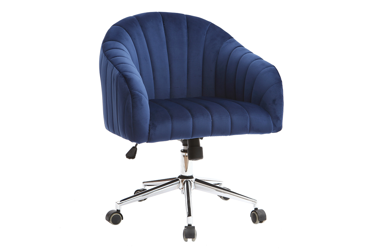Chaise de bureau  roulettes en tissu velours bleu fonc et acier chrom ROMI