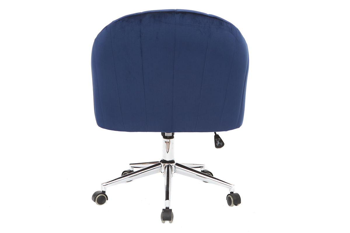 Chaise de bureau  roulettes en tissu velours bleu fonc et acier chrom ROMI