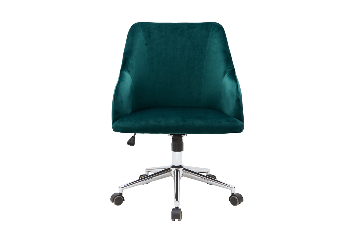Chaise de bureau  roulettes en tissu velours bleu ptrole et acier chrom SCARLETT