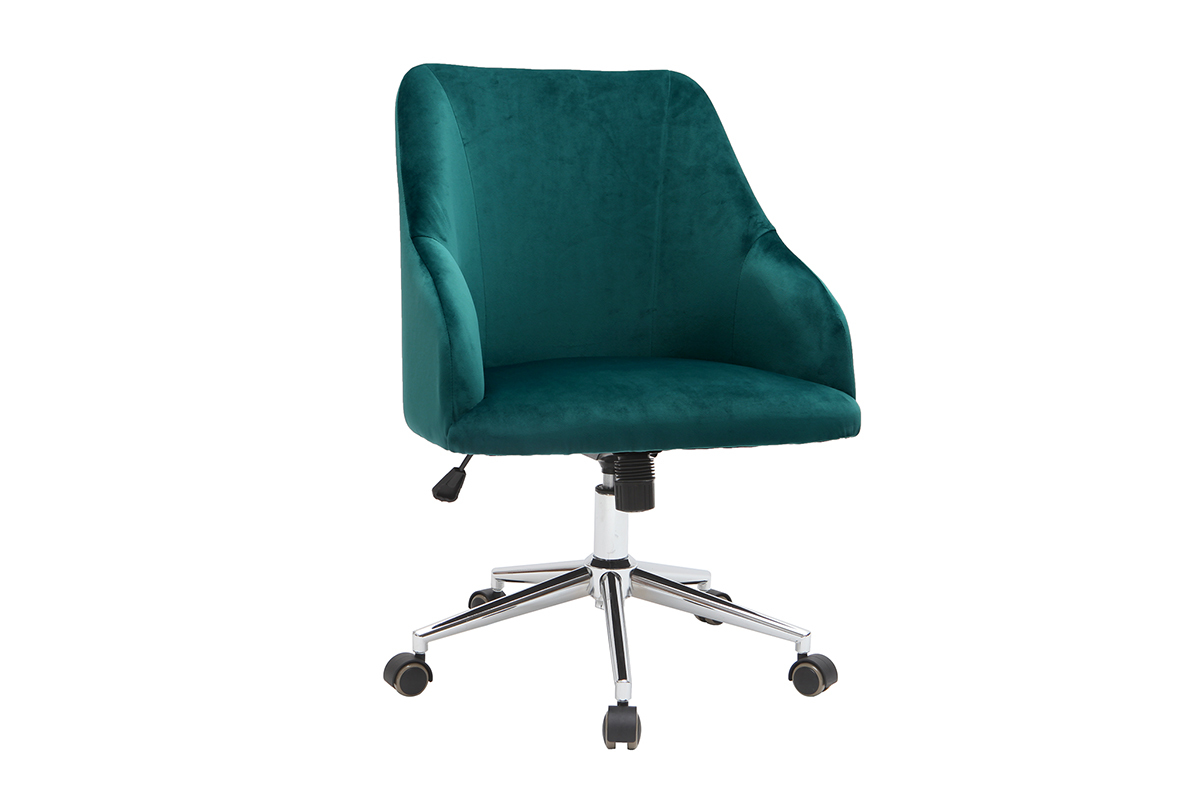 Chaise de bureau  roulettes en tissu velours bleu ptrole et acier chrom SCARLETT