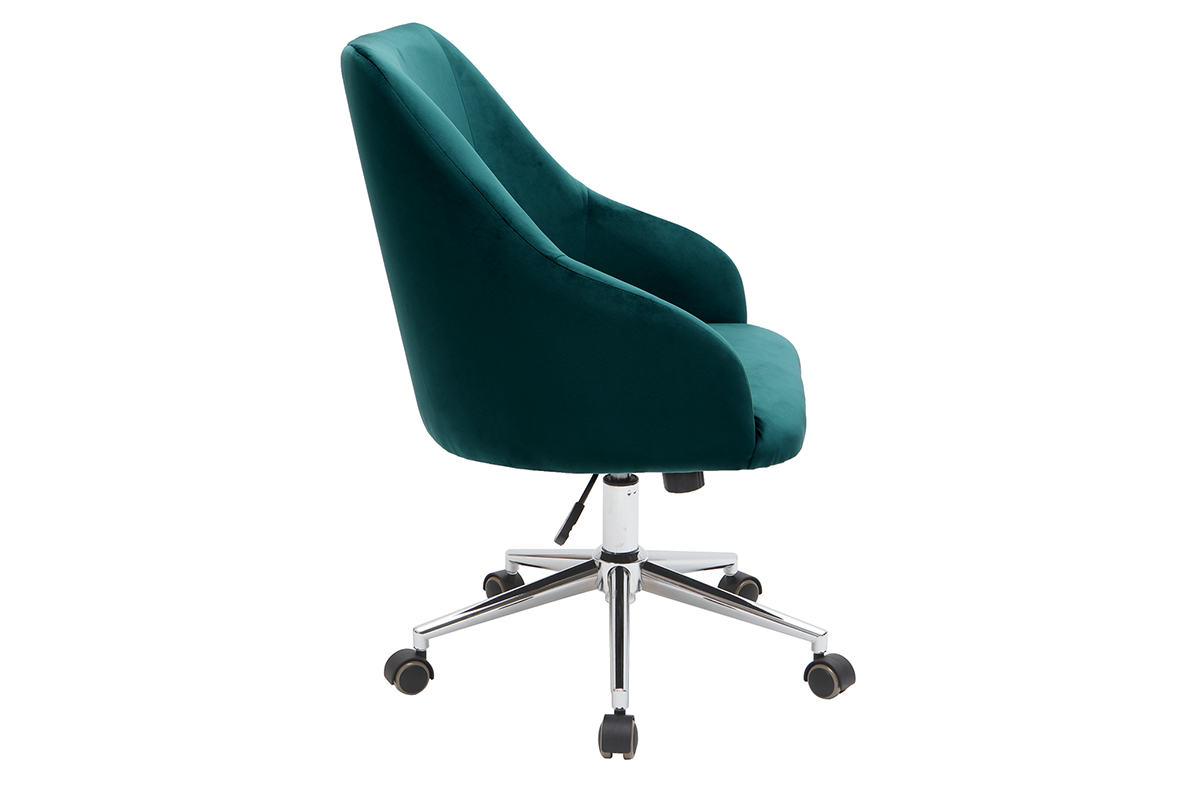 Chaise de bureau  roulettes en tissu velours bleu ptrole et acier chrom SCARLETT