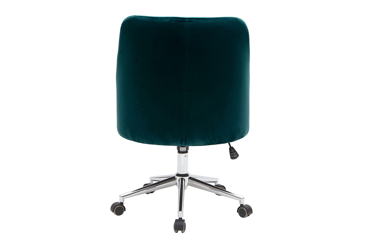 Chaise de bureau  roulettes en tissu velours bleu ptrole et acier chrom SCARLETT