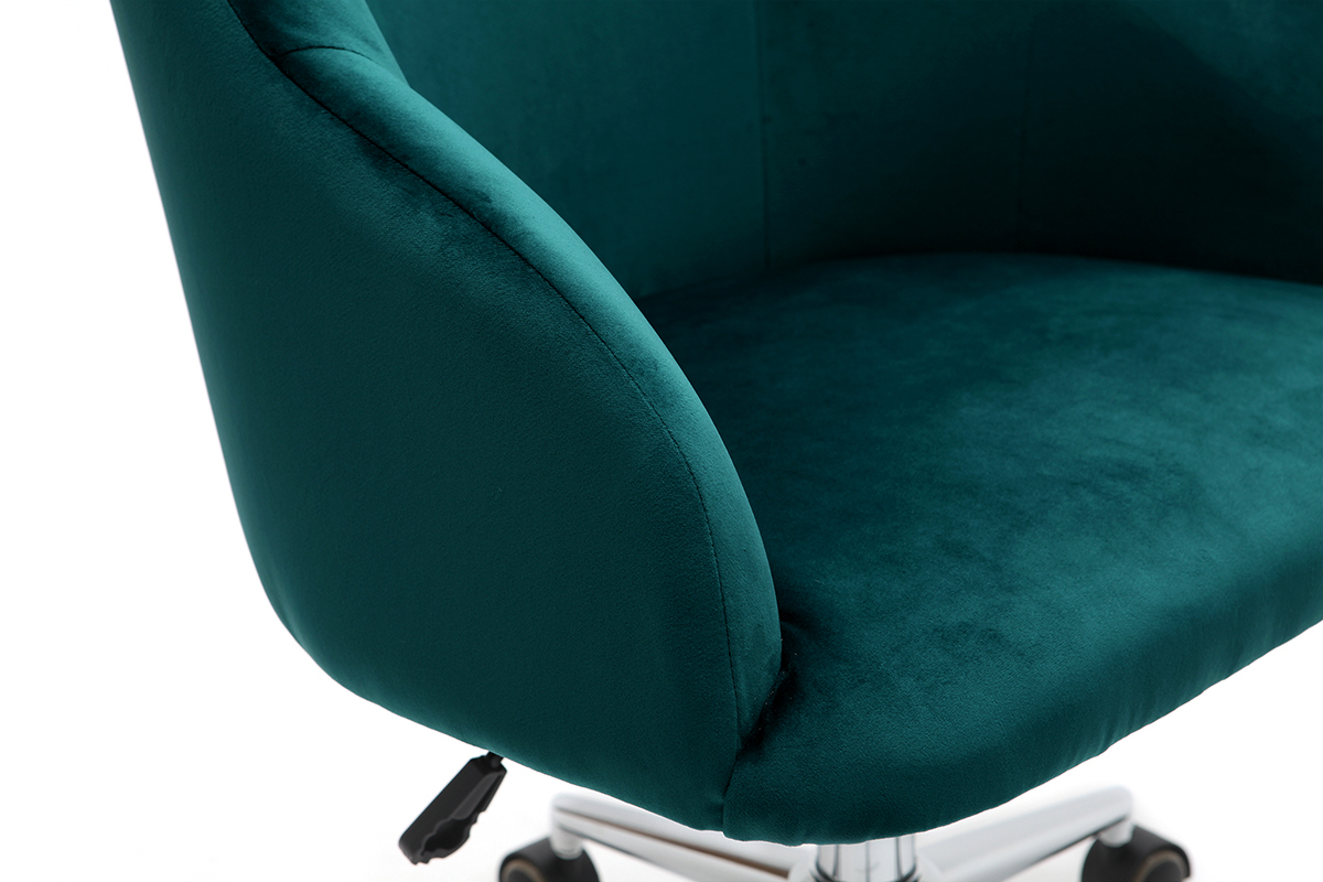 Chaise de bureau  roulettes en tissu velours bleu ptrole et acier chrom SCARLETT