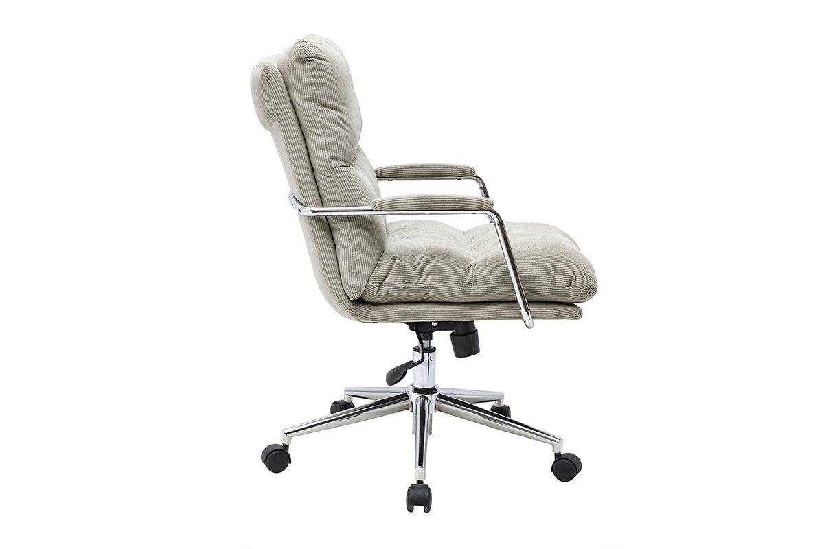 Chaise de bureau � roulettes en tissu velours c�tel� taupe et m�tal chrom� MIRABEAU