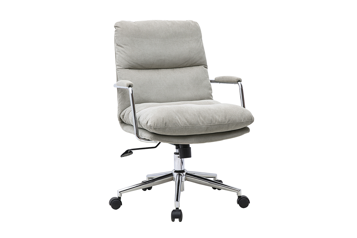 Chaise de bureau � roulettes en tissu velours c�tel� taupe et m�tal chrom� MIRABEAU