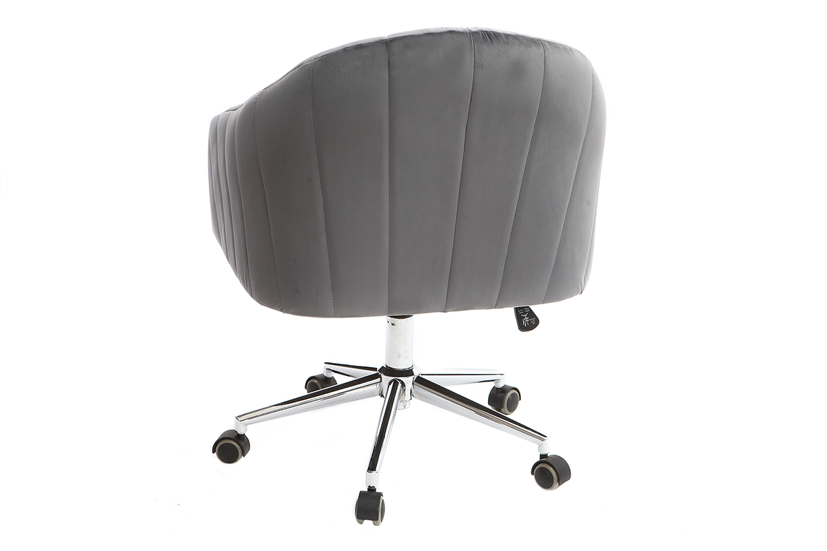 Chaise de bureau � roulettes en tissu velours gris fonc� et acier chrom� ROMI