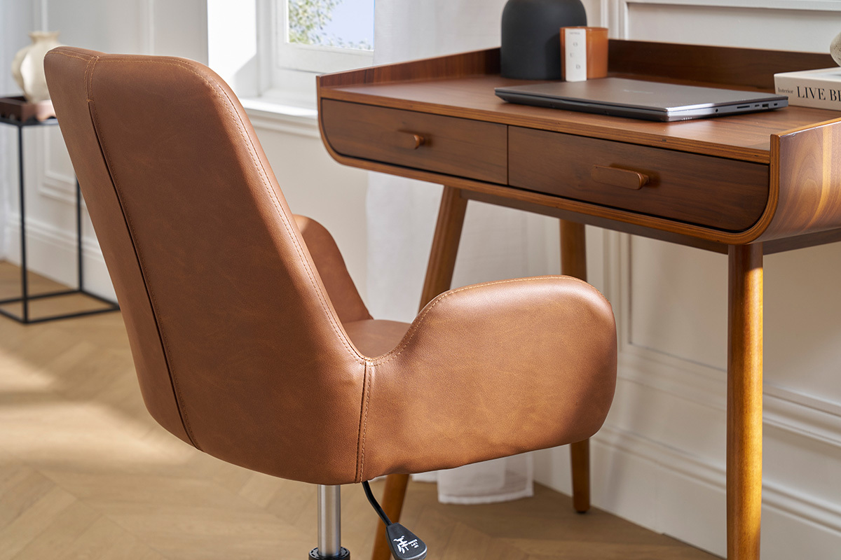 Chaise de bureau � roulettes marron et m�tal noir ALBAN