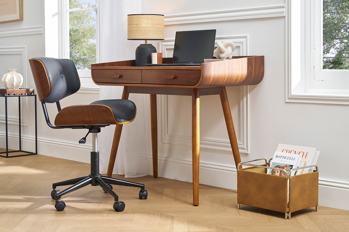 Chaise de bureau  roulettes noire et bois fonc BASILE