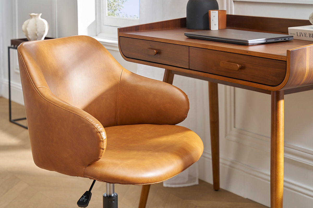 Chaise de bureau  roulettes vintage marron et mtal noir HEMMY