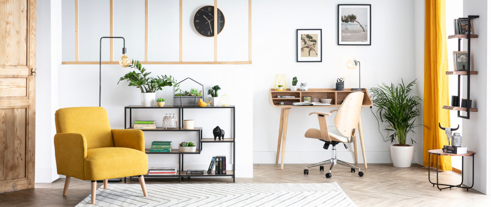 Chaise de bureau design blanc et bois clair YORKE