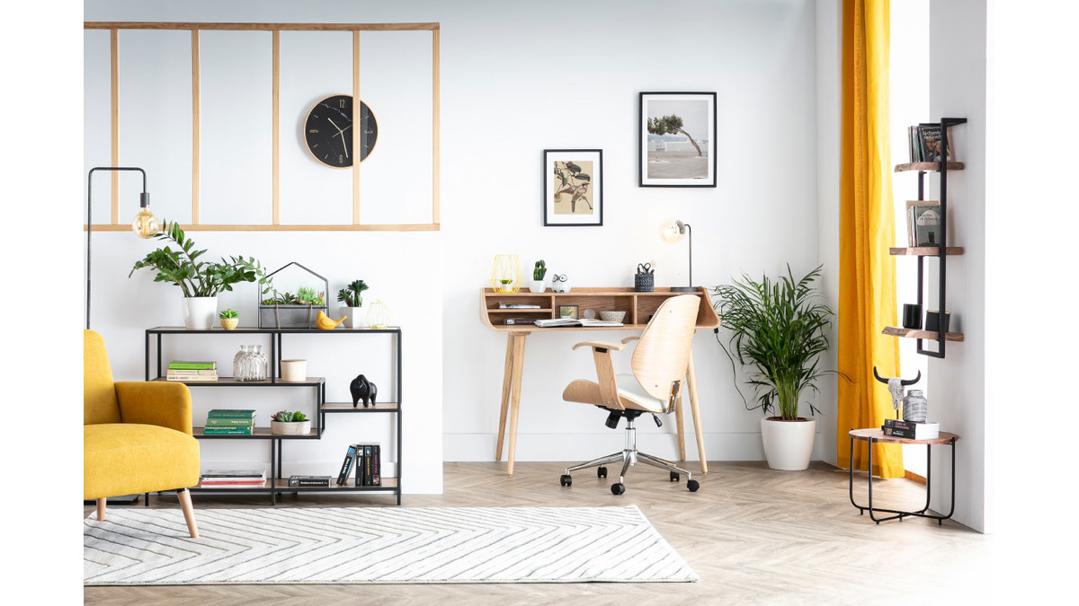 Chaise de bureau design blanc et bois clair YORKE