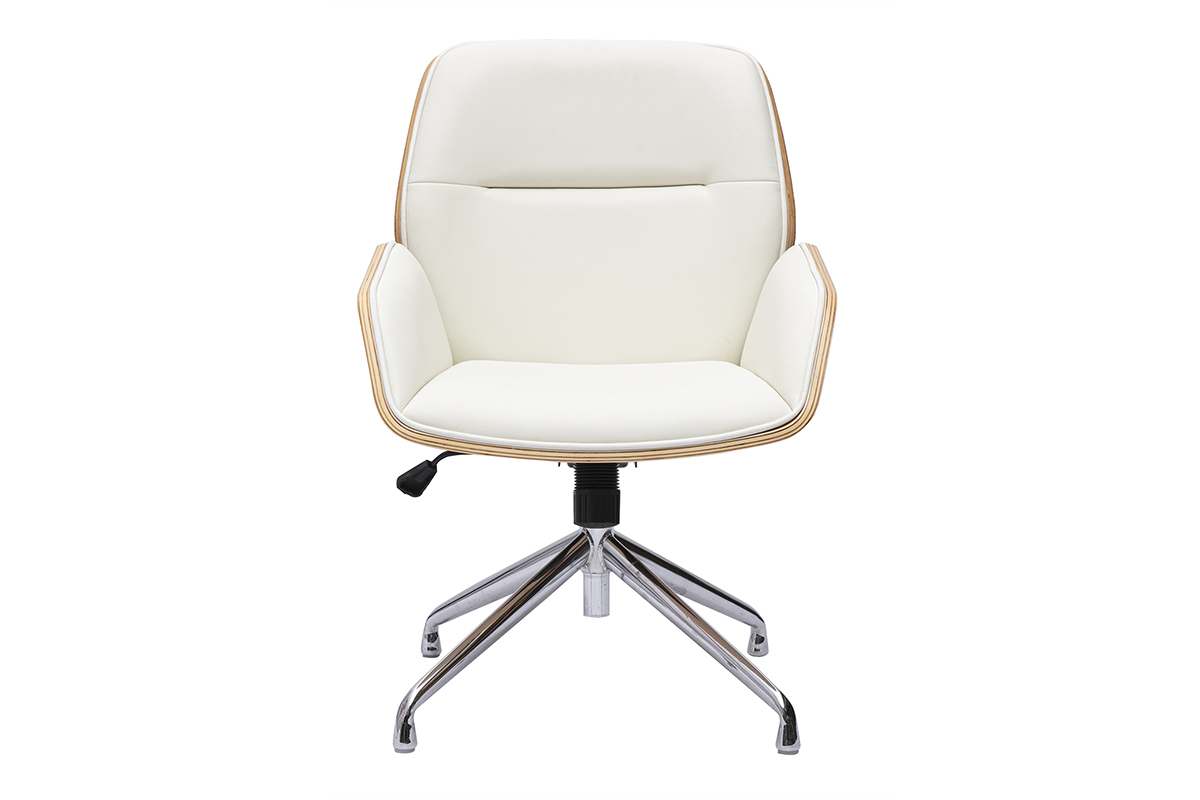Chaise de bureau design pivotante 360� blanche, bois clair et m�tal chrom� MARLOW