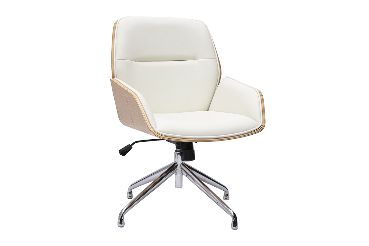 Chaise de bureau design pivotante 360� blanche, bois clair et m�tal chrom� MARLOW