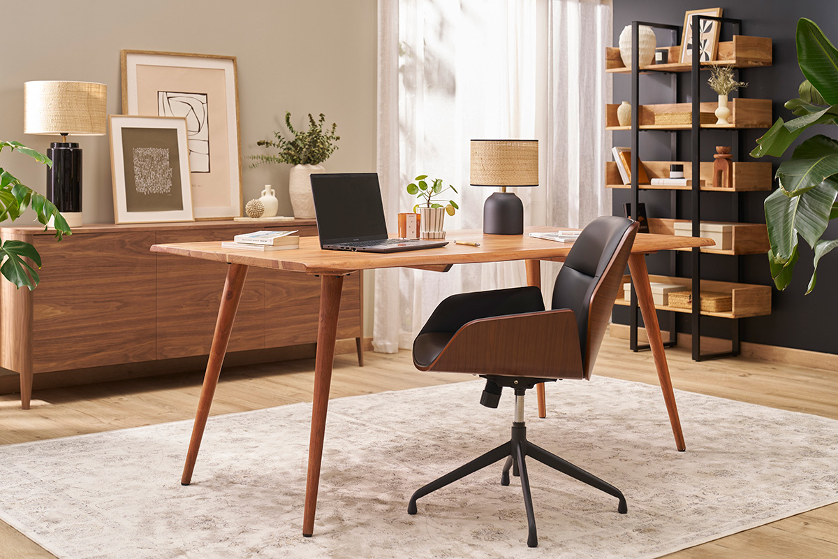 Chaise de bureau design pivotante 360� noire, bois fonc� et m�tal noir MARLOW