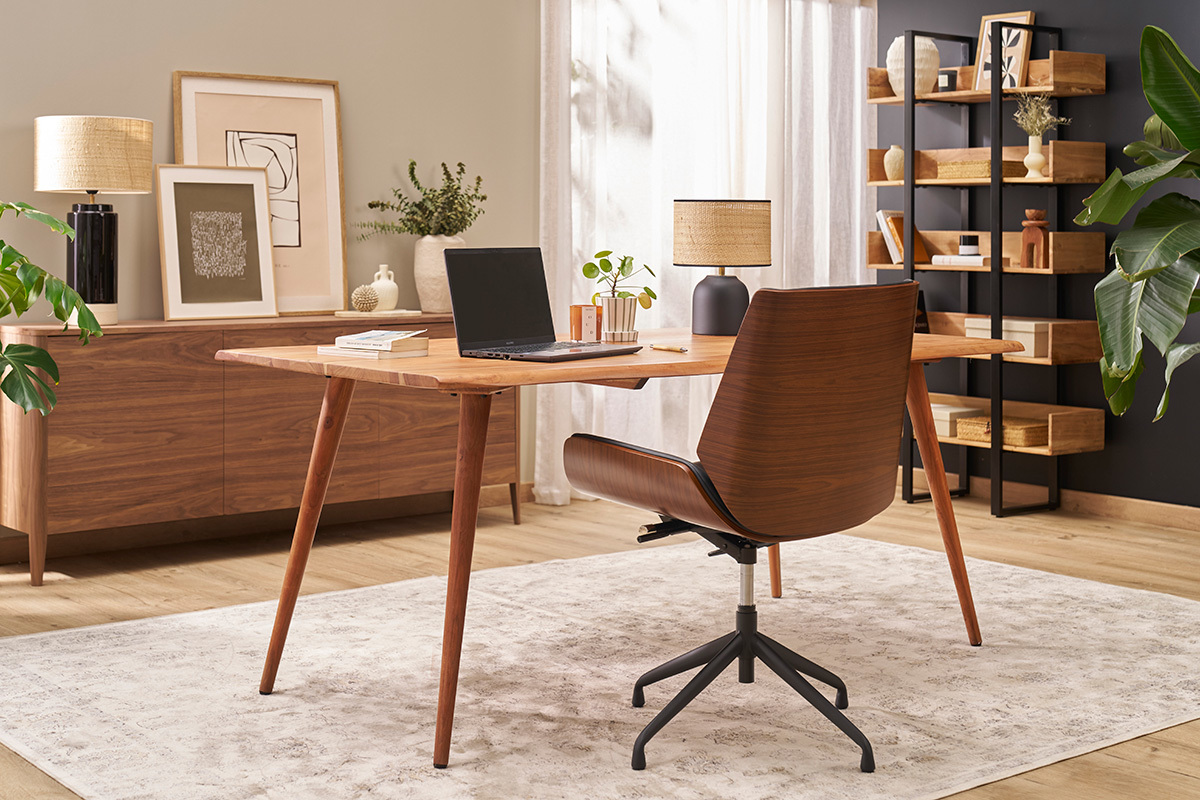 Chaise de bureau design pivotante 360� noire, bois fonc� et m�tal noir MARLOW