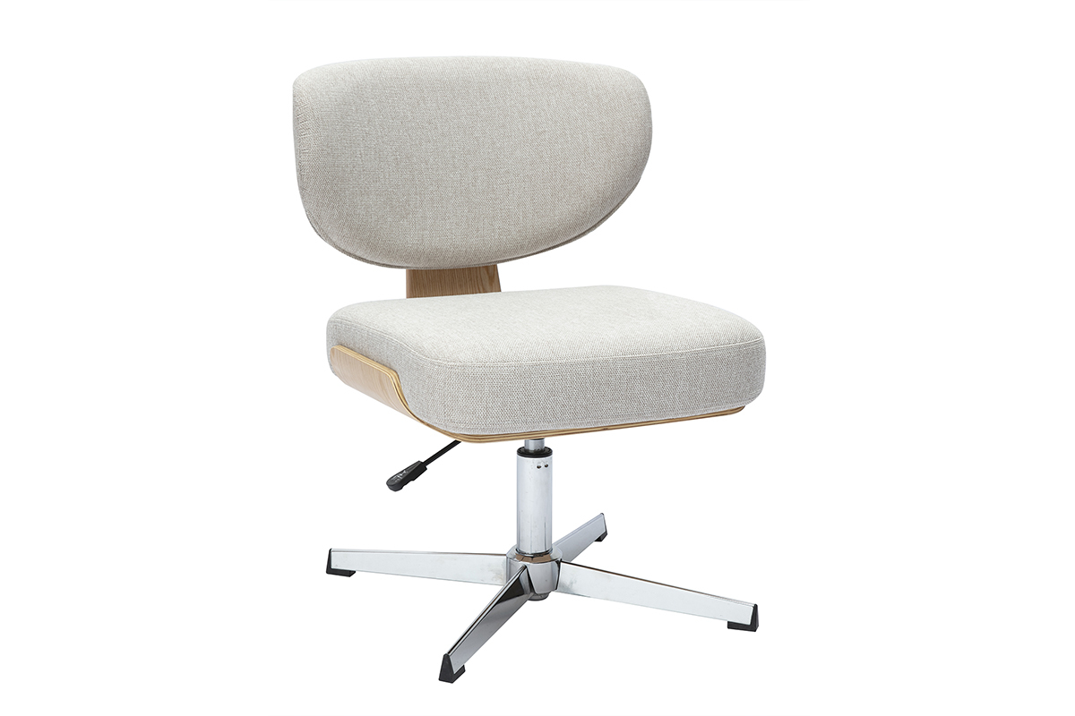 Chaise de bureau en tissu effet velours textur� beige et bois clair ch�ne HANZ