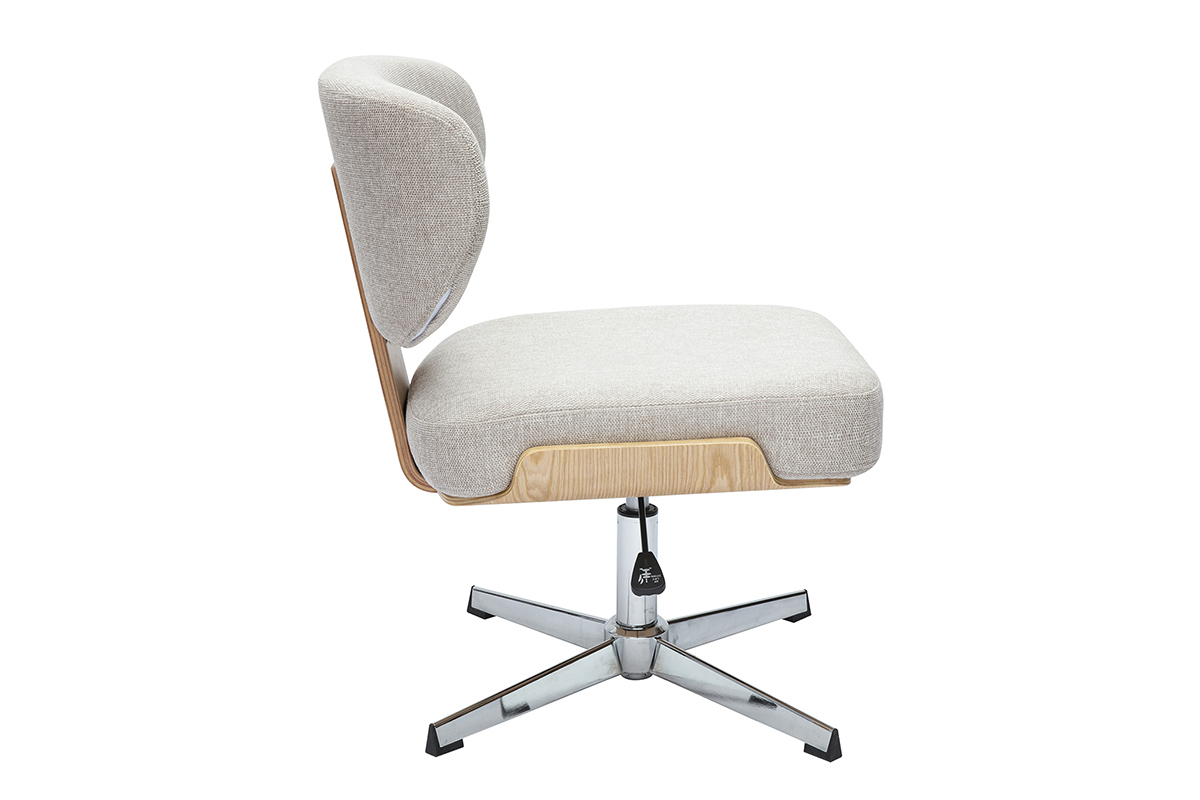 Chaise de bureau en tissu effet velours textur� beige et bois clair ch�ne HANZ