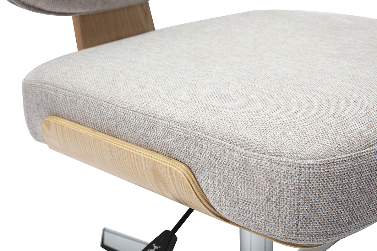 Chaise de bureau en tissu effet velours textur� beige et bois clair ch�ne HANZ