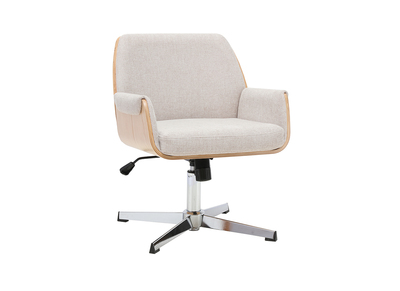 Chaise de bureau en tissu effet velours textur&eacute; beige et bois clair ch&ecirc;ne RIKKI