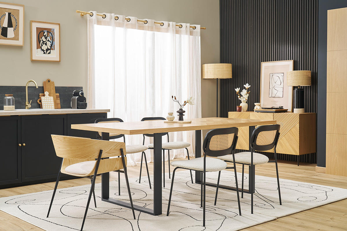 Chaise design bois clair et tissu chenille beige WESS