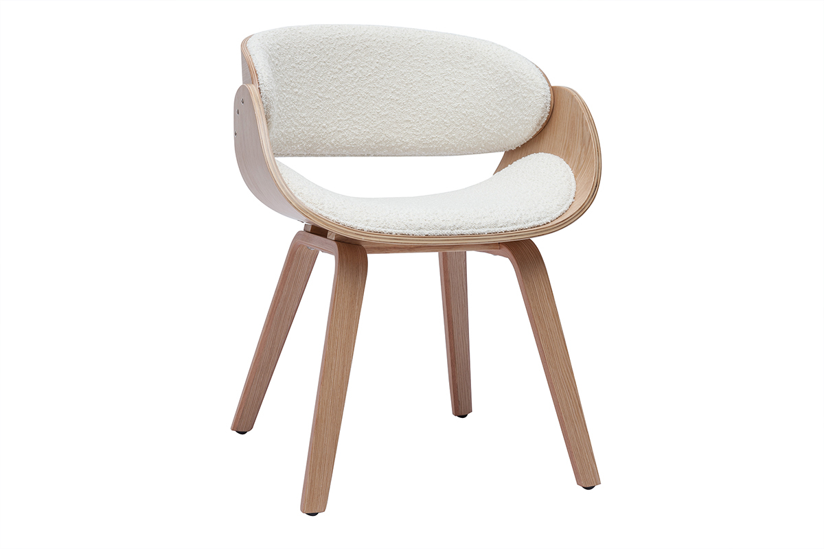 Chaise design en tissu effet laine bouclée blanc et bois clair BENT