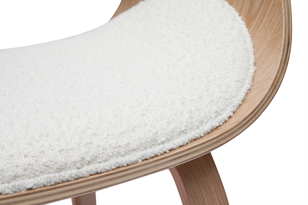 Chaise design en tissu effet laine bouclée blanc et bois clair BENT