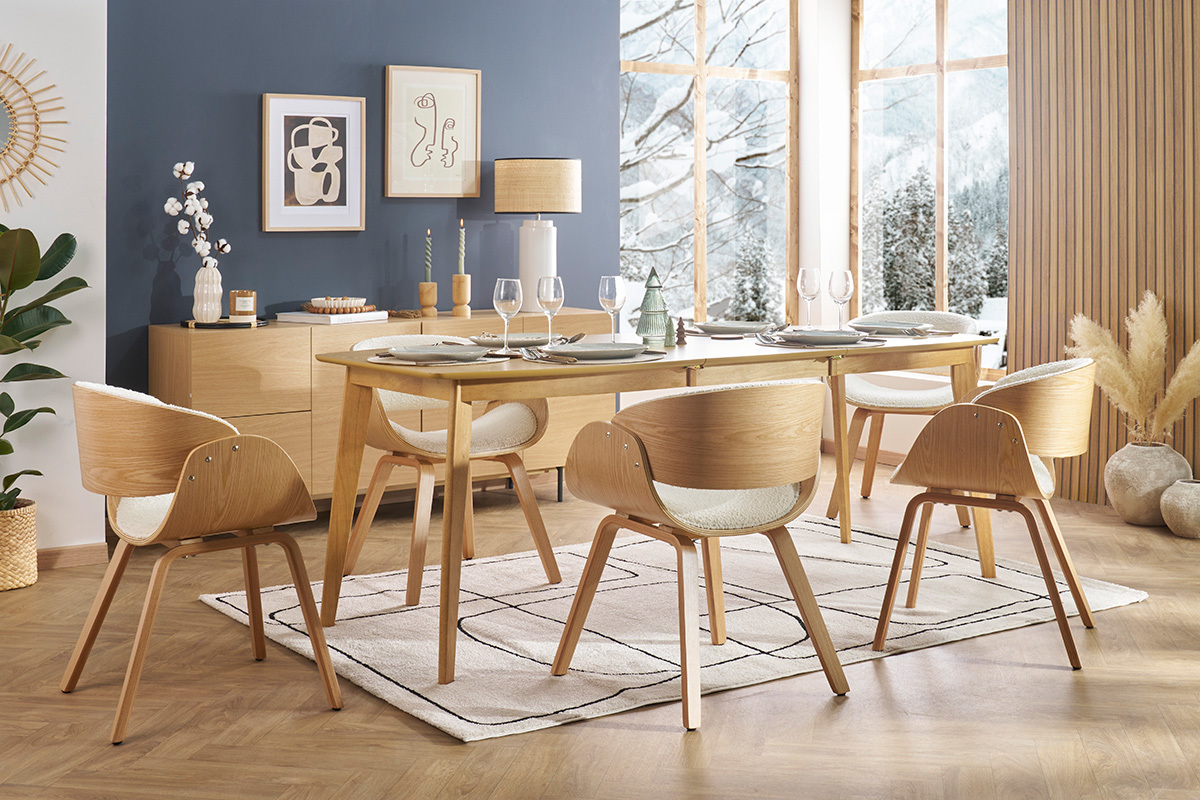 Chaise design en tissu effet laine bouclée blanc et bois clair BENT