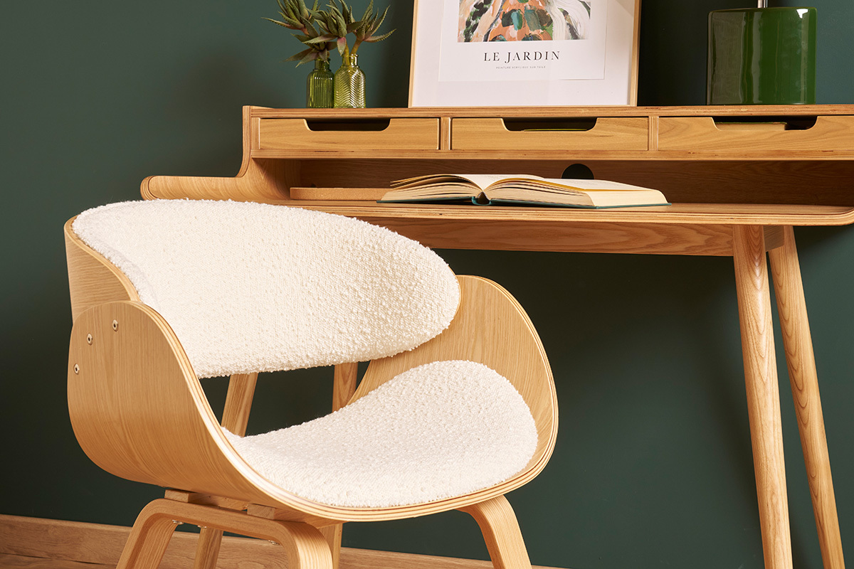 Chaise design en tissu effet laine bouclée blanc et bois clair BENT