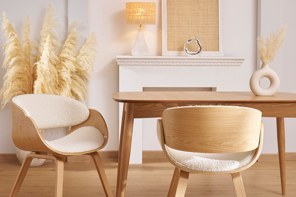 Chaise design en tissu effet laine bouclée blanc et bois clair BENT