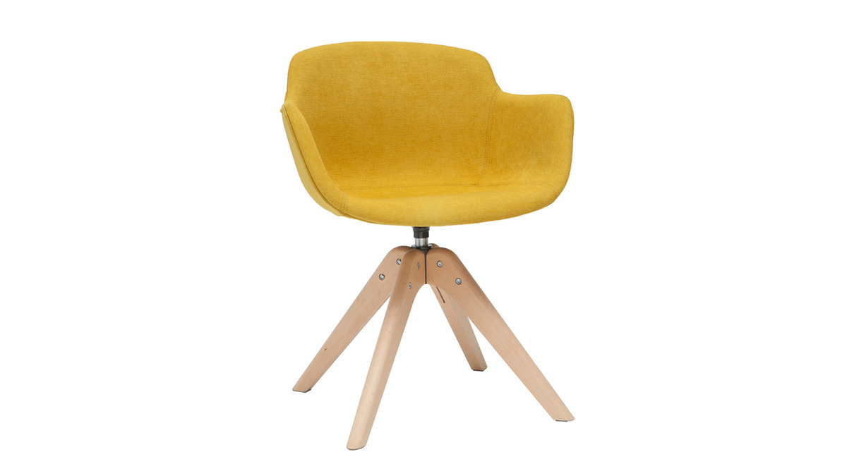Chaise design en tissu effet velours jaune moutarde et bois clair massif AARON