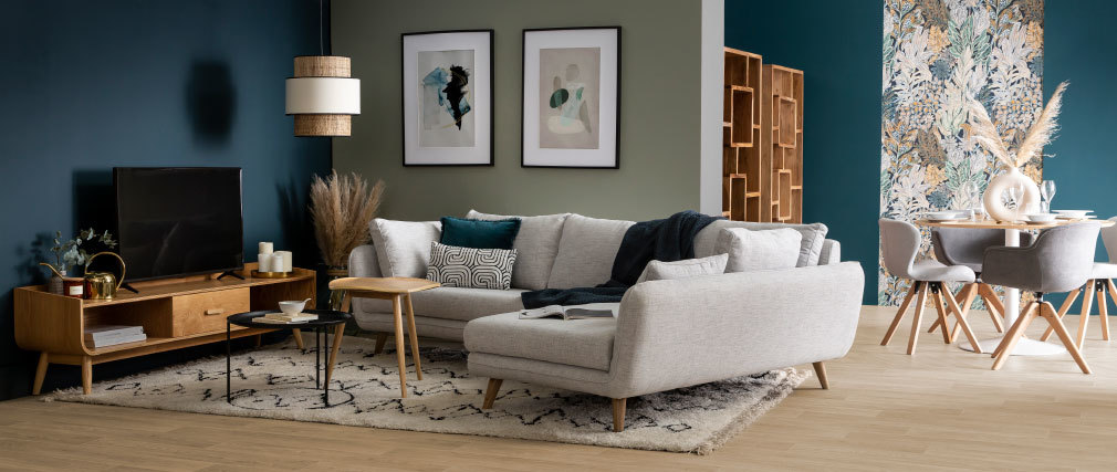 Chaise design tissu effet velours gris et bois AARON