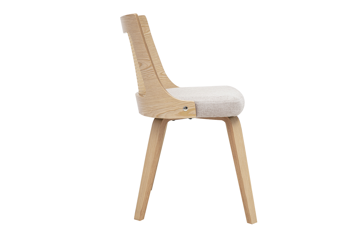 Chaise en tissu effet velours textur� beige, bois clair et cannage rotin GARBO