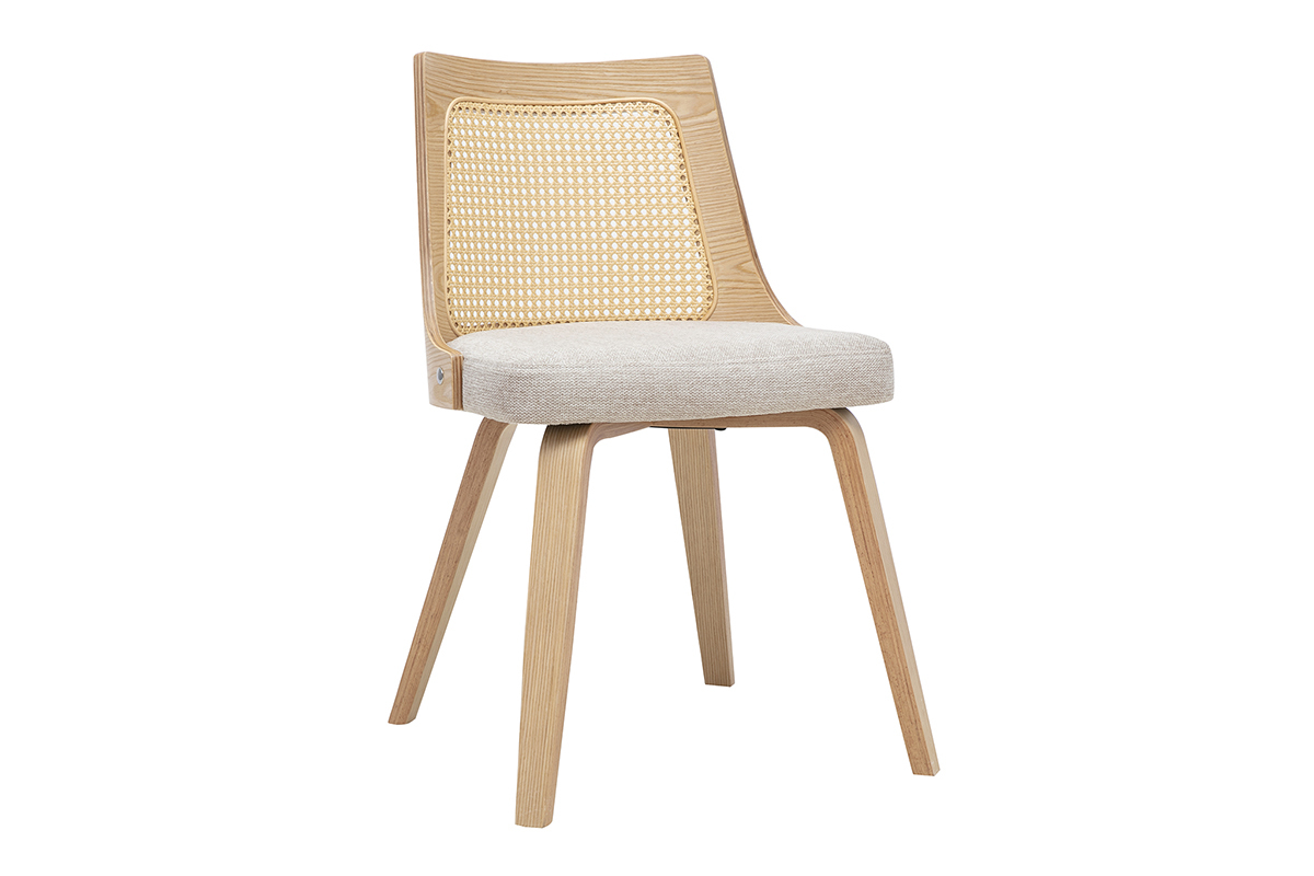 Chaise en tissu effet velours textur� beige, bois clair et cannage rotin GARBO