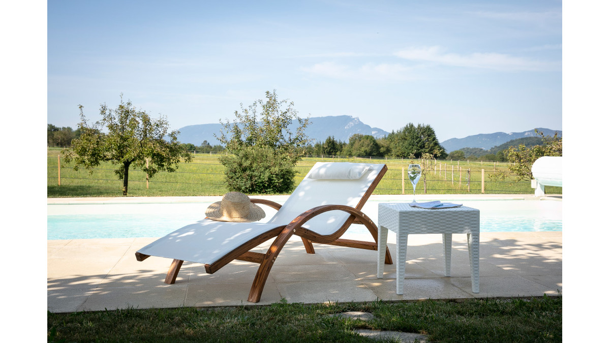 Chaise longue bain de soleil blanc cass et bois massif BIARRITZ