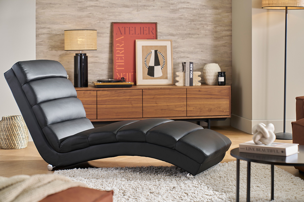Chaise longue / fauteuil design noir et acier chrom� TAYLOR