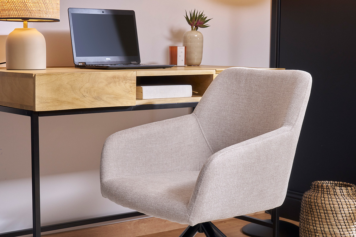 Chaise pivotante 360 en tissu effet velours textur beige et mtal noir LAURETTE