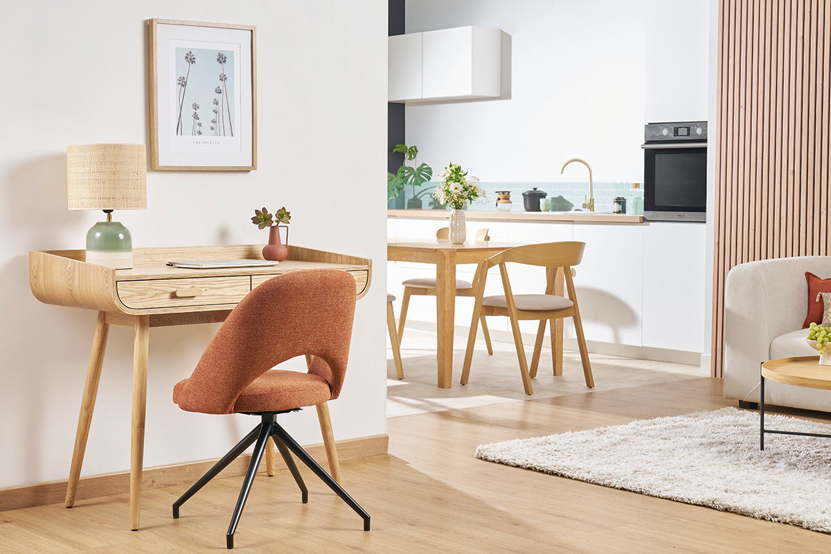 Chaise pivotante 360° en tissu effet velours texturé terre brûlée et métal noir COSETTE
