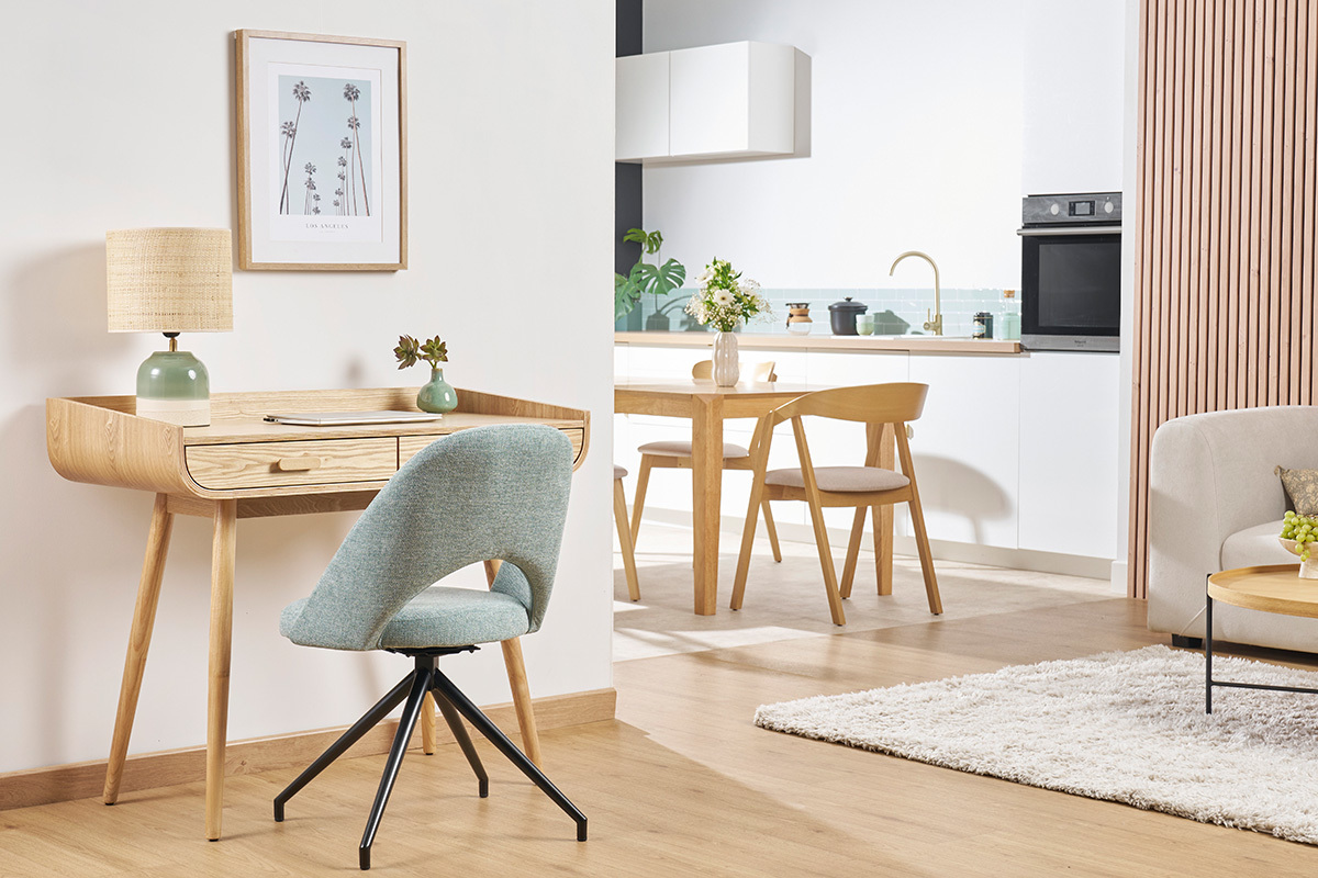 Chaise pivotante 360° en tissu effet velours texturé vert céladon et métal noir COSETTE