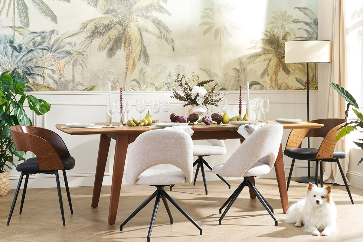 Chaise pivotante 360� en tissu effet velours textur� beige et m�tal noir COSETTE