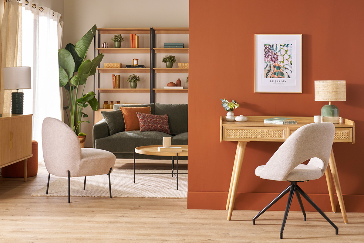 Chaise pivotante 360� en tissu effet velours textur� beige et m�tal noir COSETTE