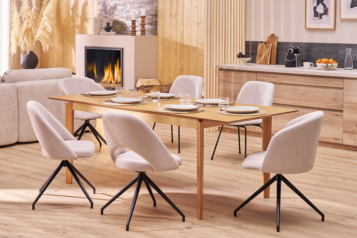 Chaise pivotante 360� en tissu effet velours textur� beige et m�tal noir COSETTE