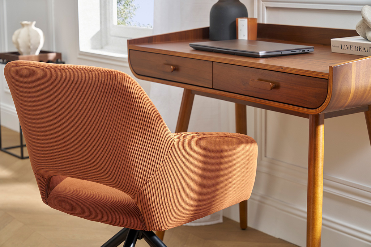 Chaise pivotante 360� en tissu velours c�tel� terre br�l�e et m�tal noir LAURETTE